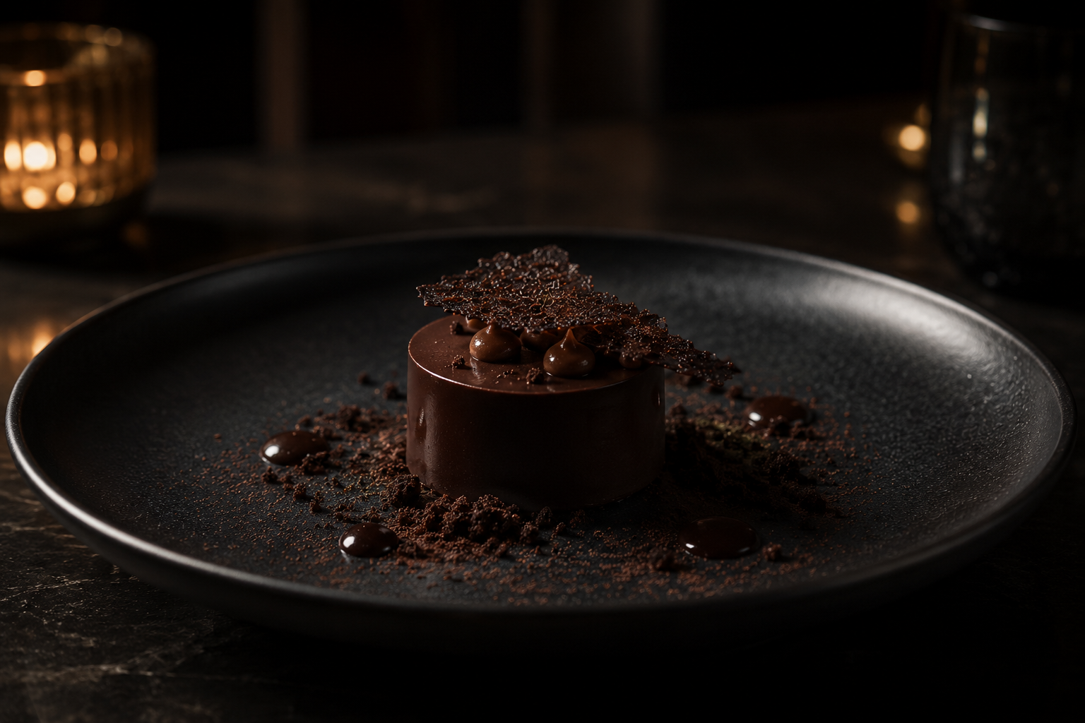 Elegant chocolate dessert on a dark plate